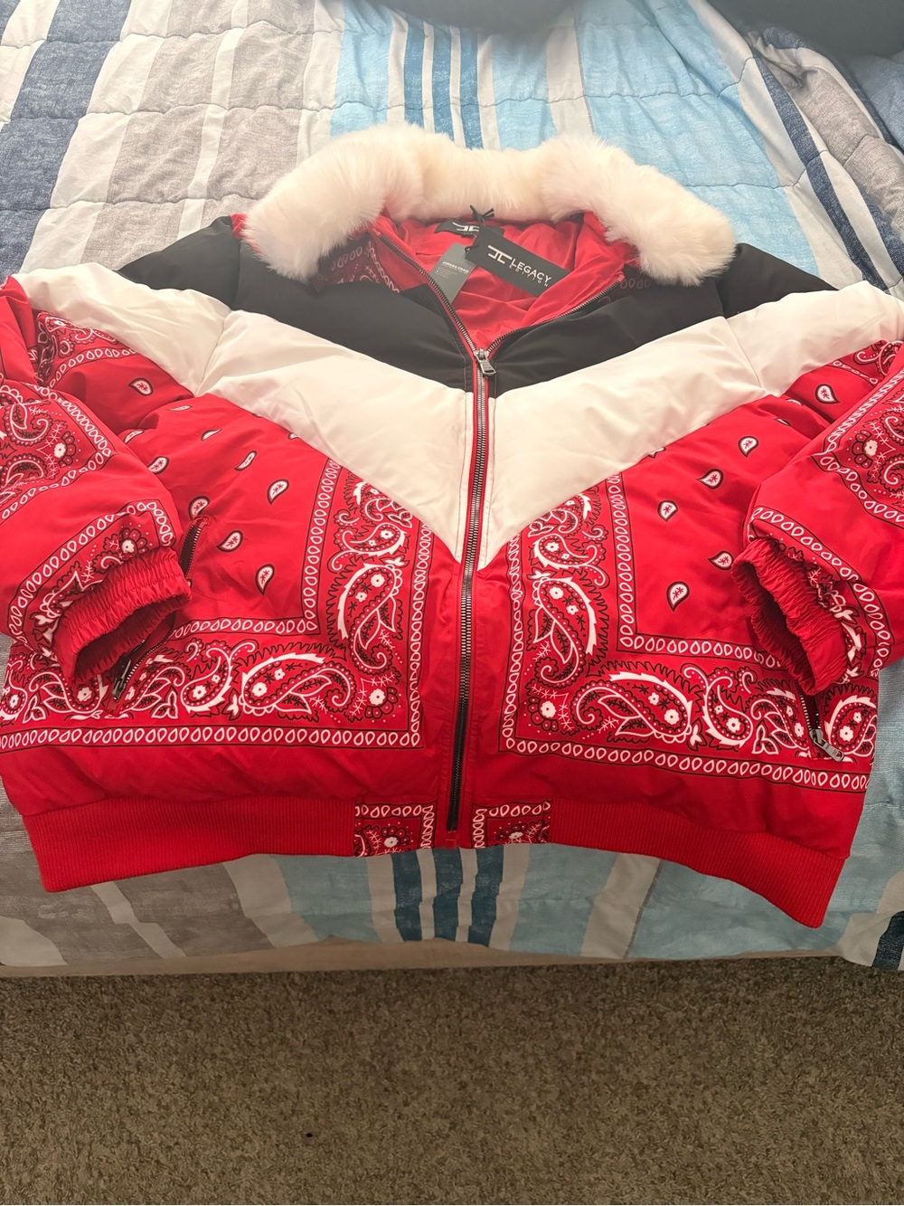 Legacy Red Bandana-Print Puffer Jacket with Faux-Fur Collar